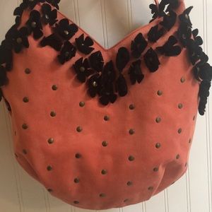 Peach Handbag with Black Flowers, Tote, Purse
